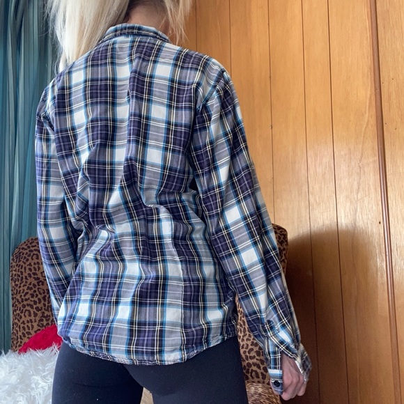 Blue black and white plaid button down shirt - Picture 3 of 5